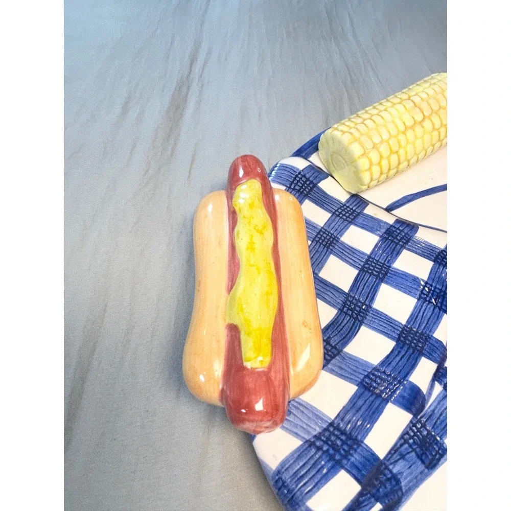 Vtg 90s lotus Ceramic BBQ Picnic Platter & Napkin Holder Set  Hot Dog hamburger